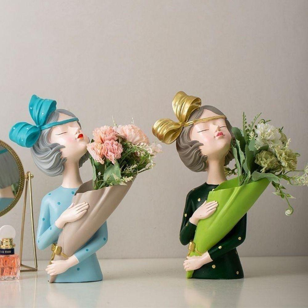 Elegant Flower Girl Statue Handmade Girl Vase Ornament Modern Butterfly Girl Sculpture  Bedroom