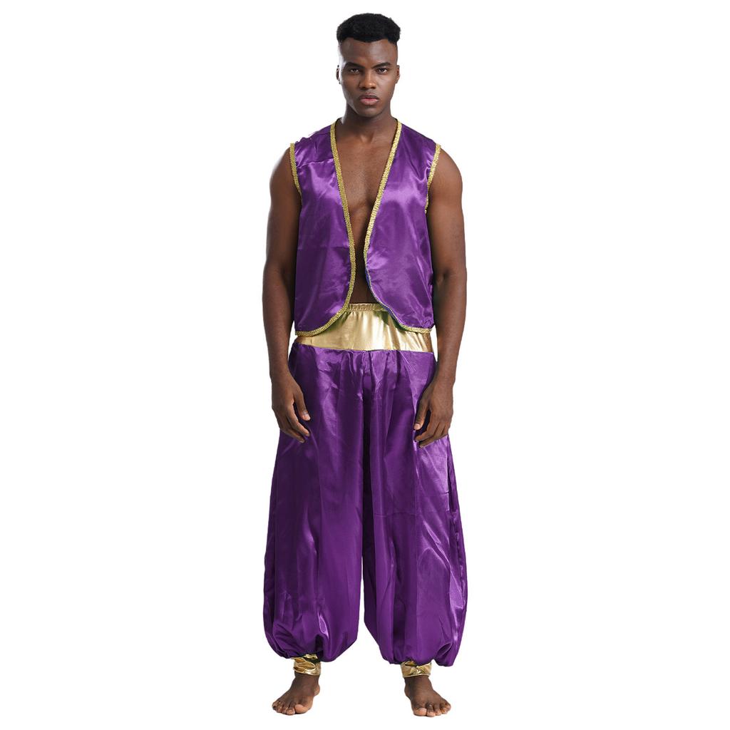 Arabian Prince Costume Shiny Mens Gold Trim Vest And Patchwork Lantern Pants For Cosplay Halloween Theme Party Curved Waistcoat