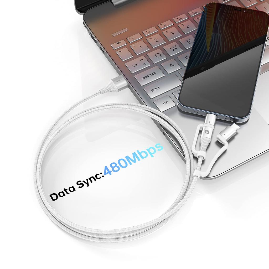 Teleadapt Type USB Charging Fast Charging MFi Compatible with iPhone and Android Devices Lightning/USB C/Micro 3-in-1 Cable, 2.4A/480MBPS Cable,