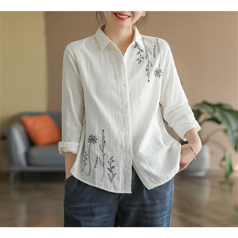 Весна Лето Отложной Воротник Хлопок Вышивка Рубашка Женская Длинный Рукав Повседневная Мода Винтаж Свободная Блузка Топы Женщины