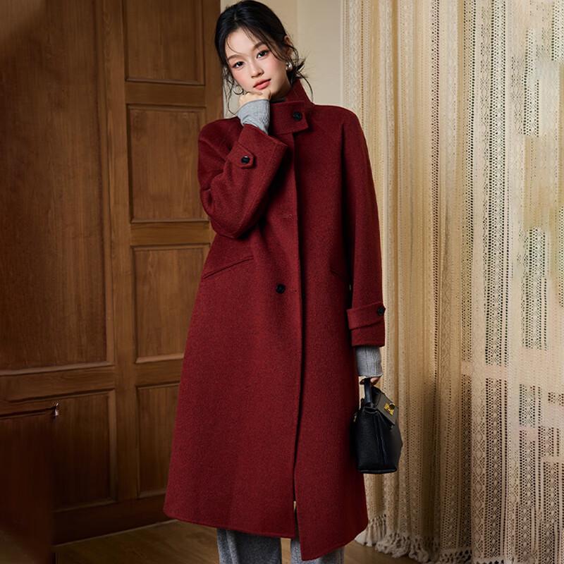 Fengxun Женское Премиальное Двустороннее Пальто из 100% Шерсти со Стойкой