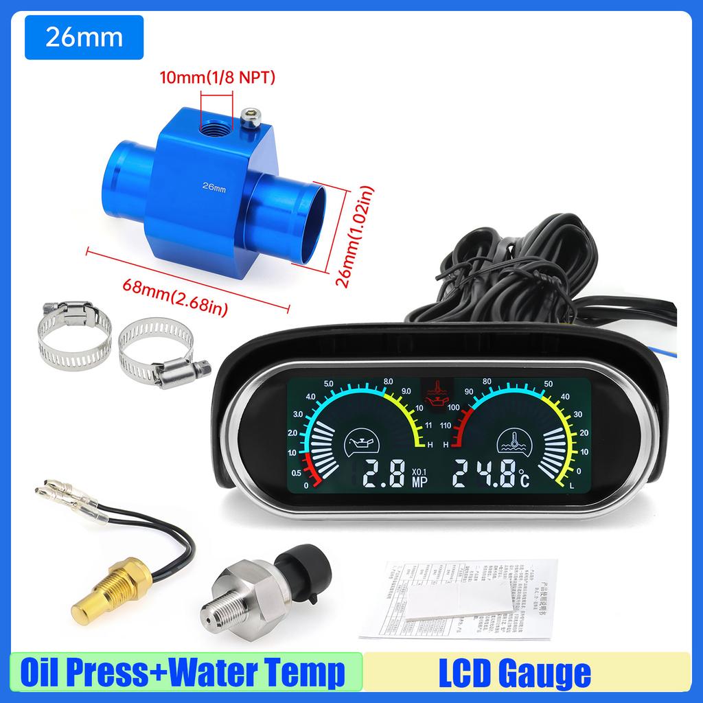 MAIMEIMI LCD Gauge Oil Pressure Gauge+Water Temperature Meter with Sensor Temperature Joint Pipe Sensor Radiator Hose Adapter