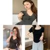 Tshirt For Women Summer Lace Panel Vneck Short Sleeve With Bow Embroidery Oversize Style
