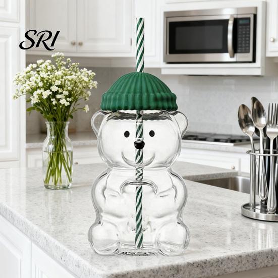 Eco Friendly Sippy Cup Bear Shape with Straw Lid 500ml Heat-Resistant Glass Tumbler Reusable Cold for Iced Coffee Milk Tea Juice