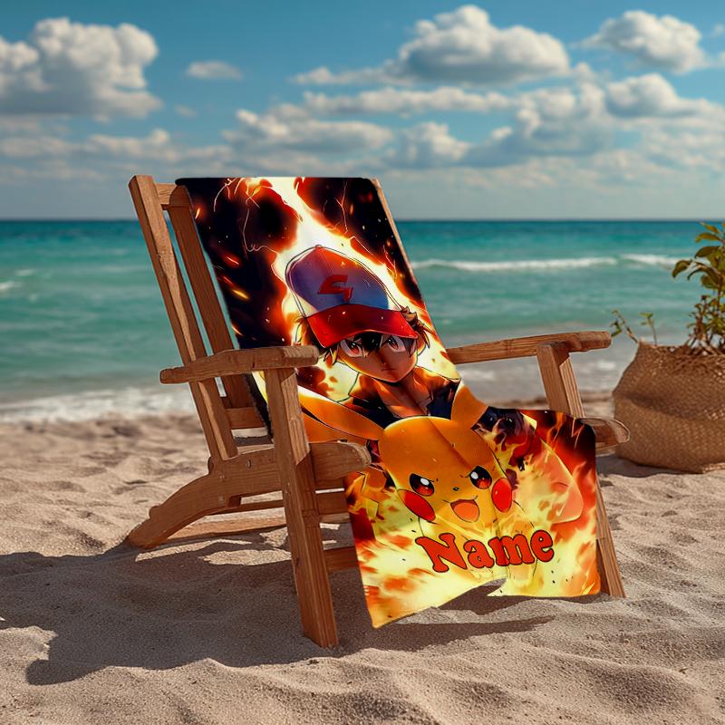 Custom Name Ultra-Soft Beach Towel with Pokémon Theme,Ideal for Pool - Camping, Diving - Perfect Travel Essential, Vibrant Beach Towel.