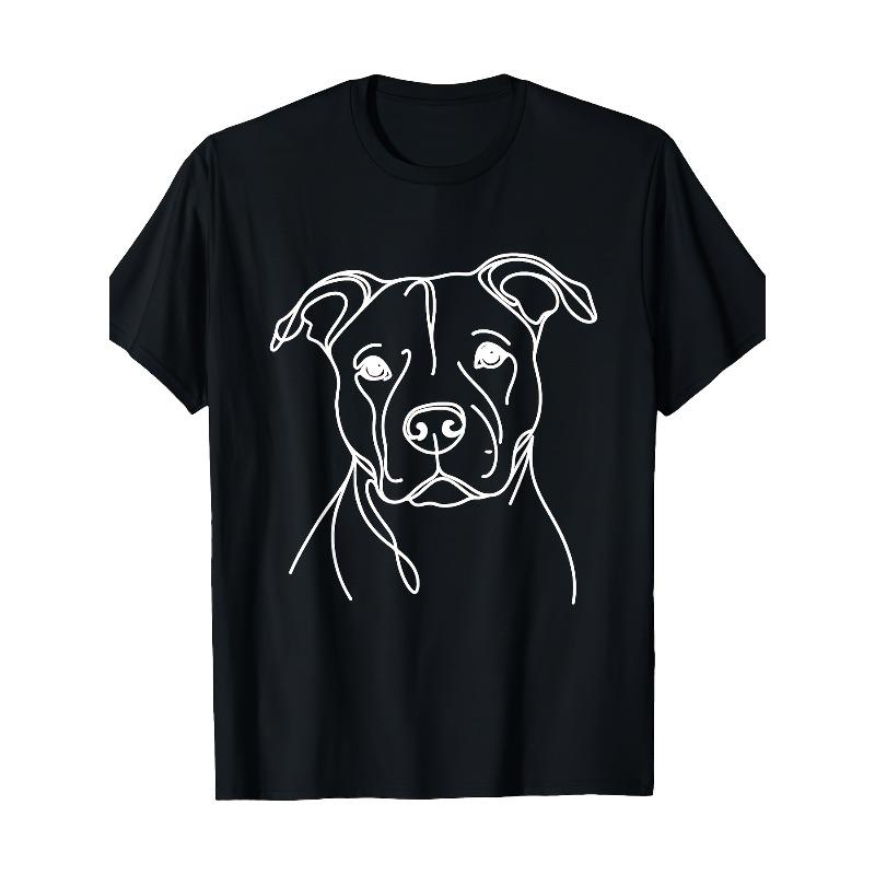 Европейские размеры Мужская футболка Pitbull Line Art с изображением собаки - Ретро, Круглый вырез, Короткий рукав, Черно-белый дизайн морды питбуля, Машинная стирка, Повседневная