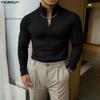 Men Lapel Neck Long Sleeve Casual Fitted Rib Pullover Tops T-shirts