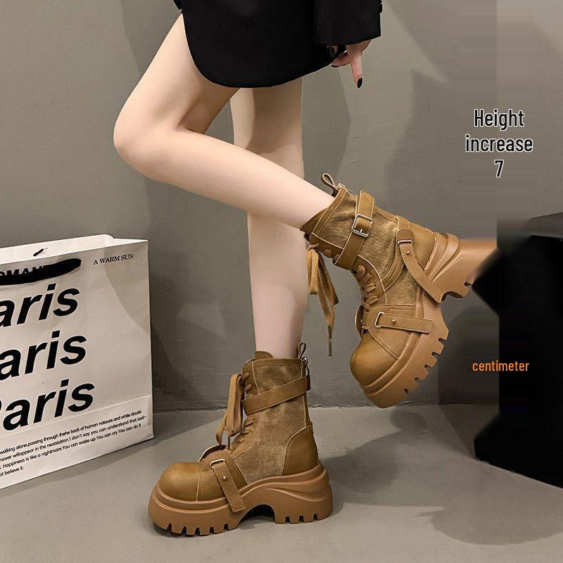 Кожаные джинсовые ботинки-платформы в европейском стиле - Женские новые мотоциклетные полусапожки 2025 года с увеличением роста, маленькие размеры