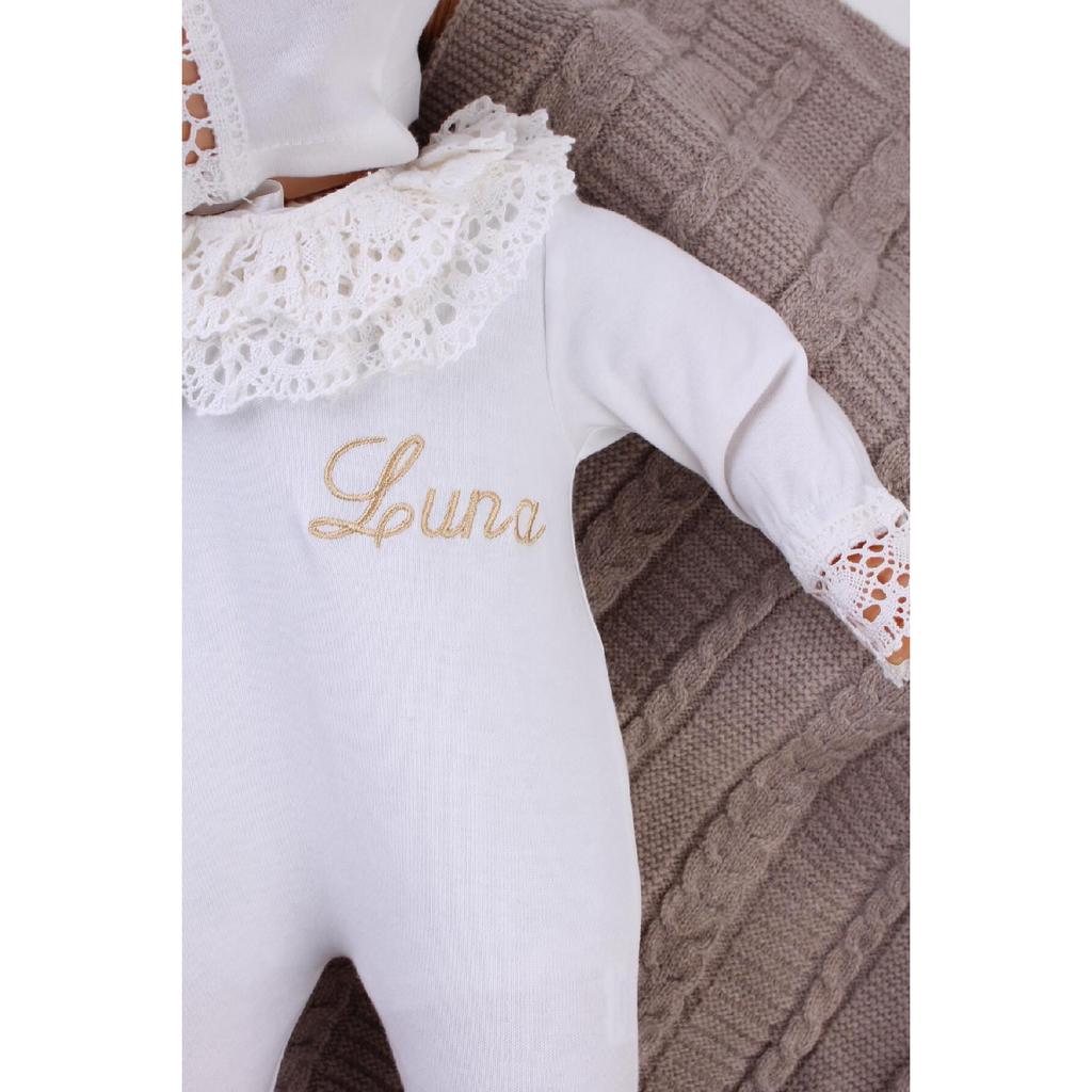 Named Hospital Issue Laced Jumpsuit Set Ecru Name Custom Lace Jumpsuit Set Bonet Hat