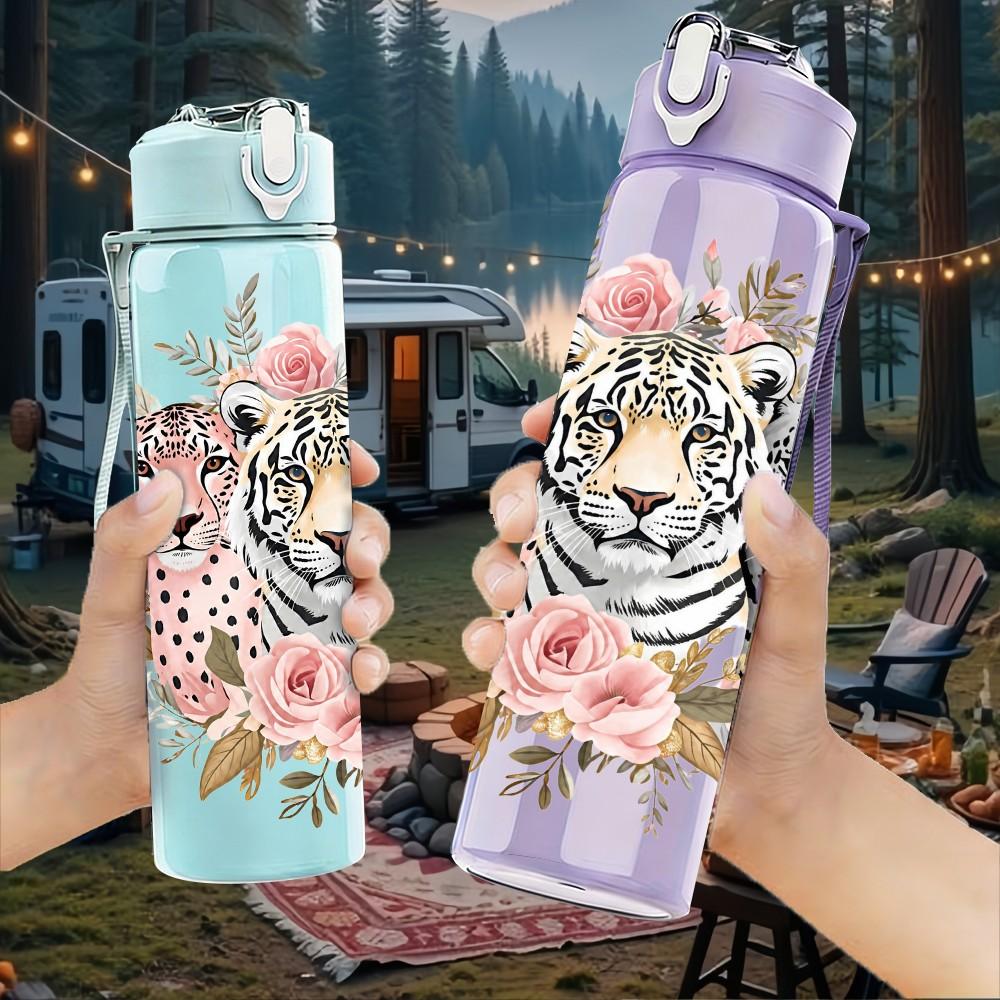 1PC Tiger Flower Wildlife 750ml Color Plastic Sports Water Bottle Leakproof Flip Straw Lid Suitable for Sports Office Home Use