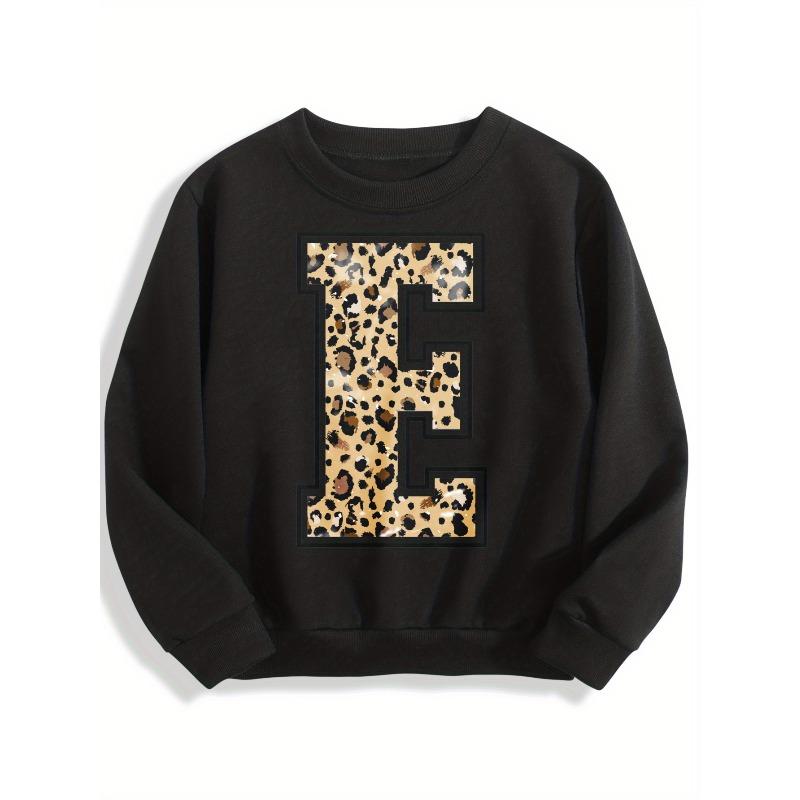 Kids Crewneck Sweatshirt, Black Floral Print with Leopard Letter E Graphic