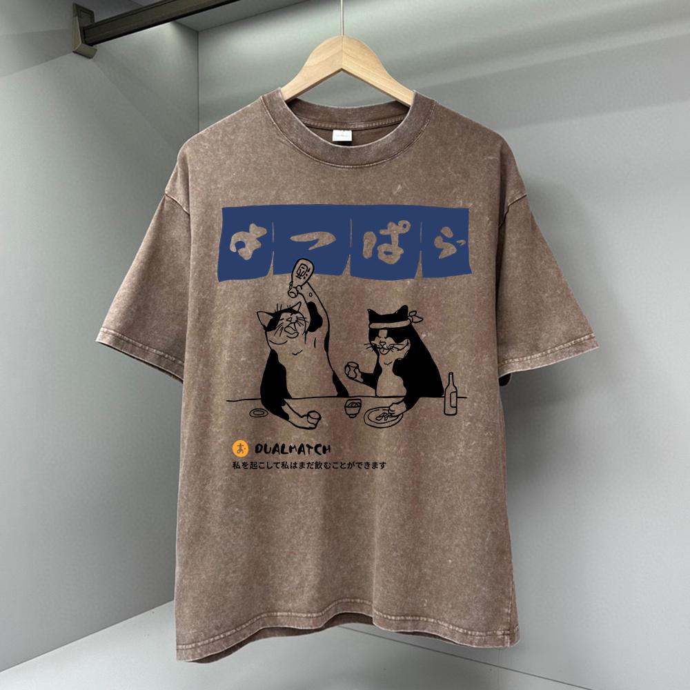 Original Japanese Retro Cat Men T Shirts Summer Cotton Sweat T-Shirts Breathable Loose Clothes Street Short Sleeve