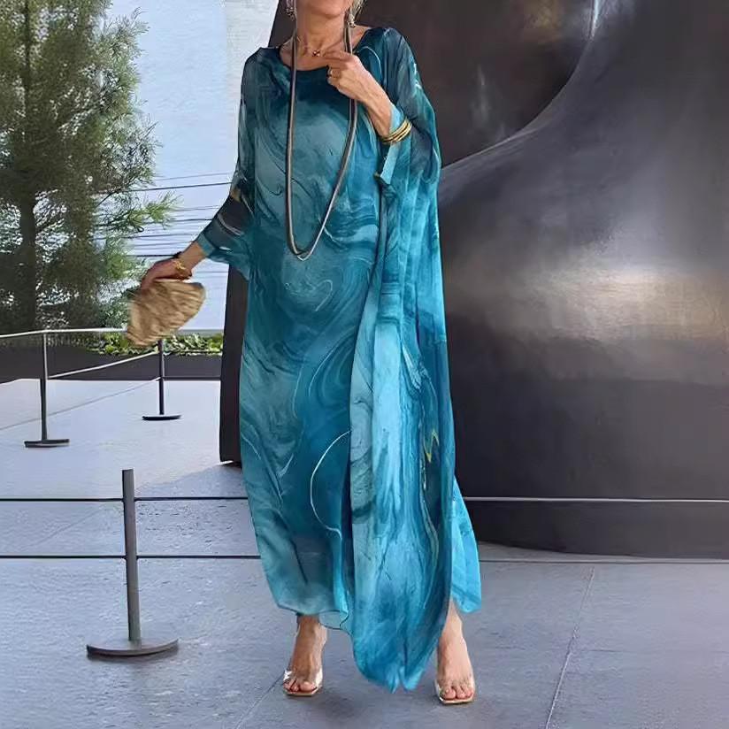 Elegant Summer Chiffon Print Dress With Abstract Pattern For Office Wear