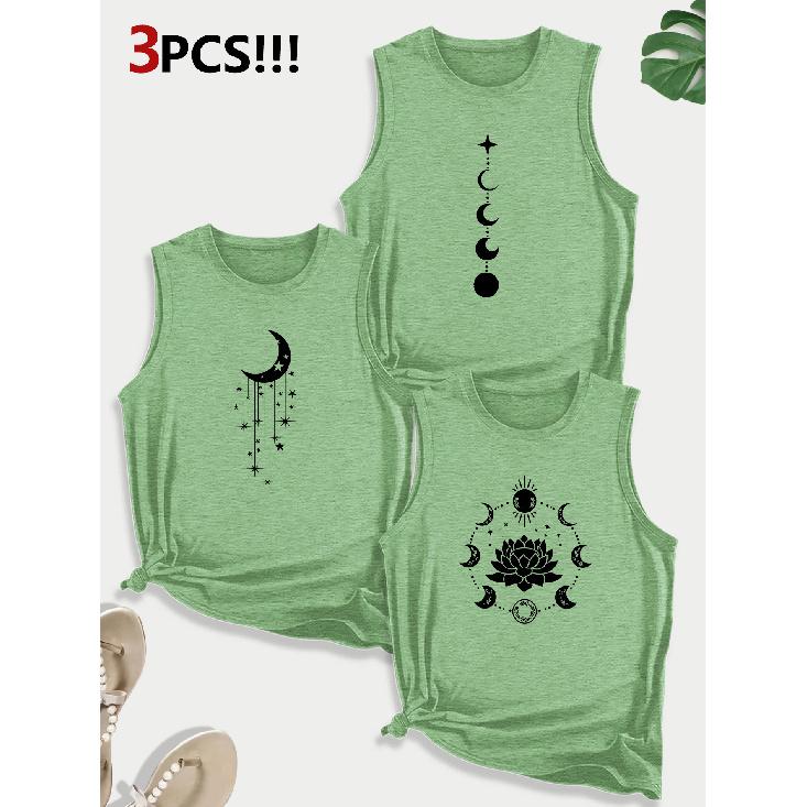 Leopard print, sunflower, and butterfly combination gift print pattern round neck3Pack of sleeveless vests for women in spring, summer, and autumn