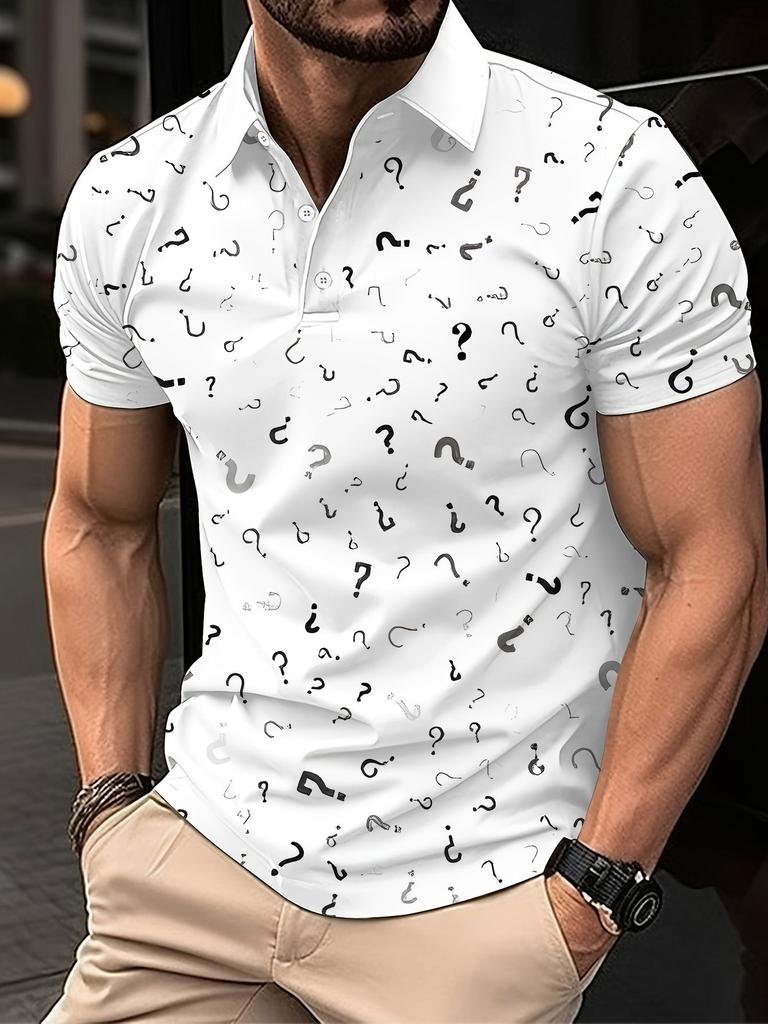 Printed Design – Not Textured Men's Short-Sleeve Polo Fashion Golf Tee with Black and White Question Mark Pattern, Stylish Casual Men's T-Shirt Top,