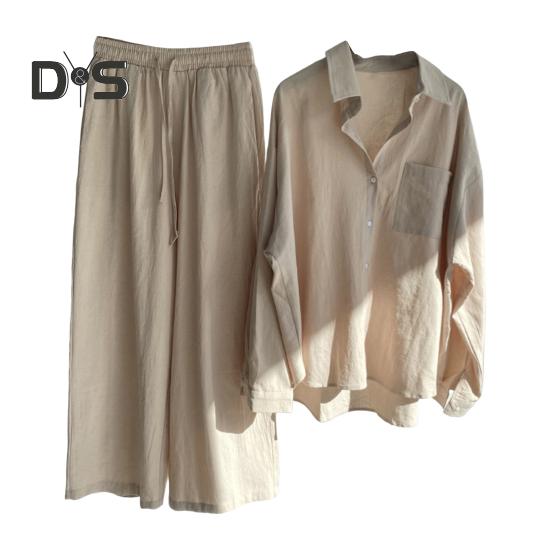 Женский комплект из двух предметов: рубашка с длинным рукавом и застегнутая на пуговицы рубашка с широкими брюками повседневный хлопковый домашний костюм на весну и лето