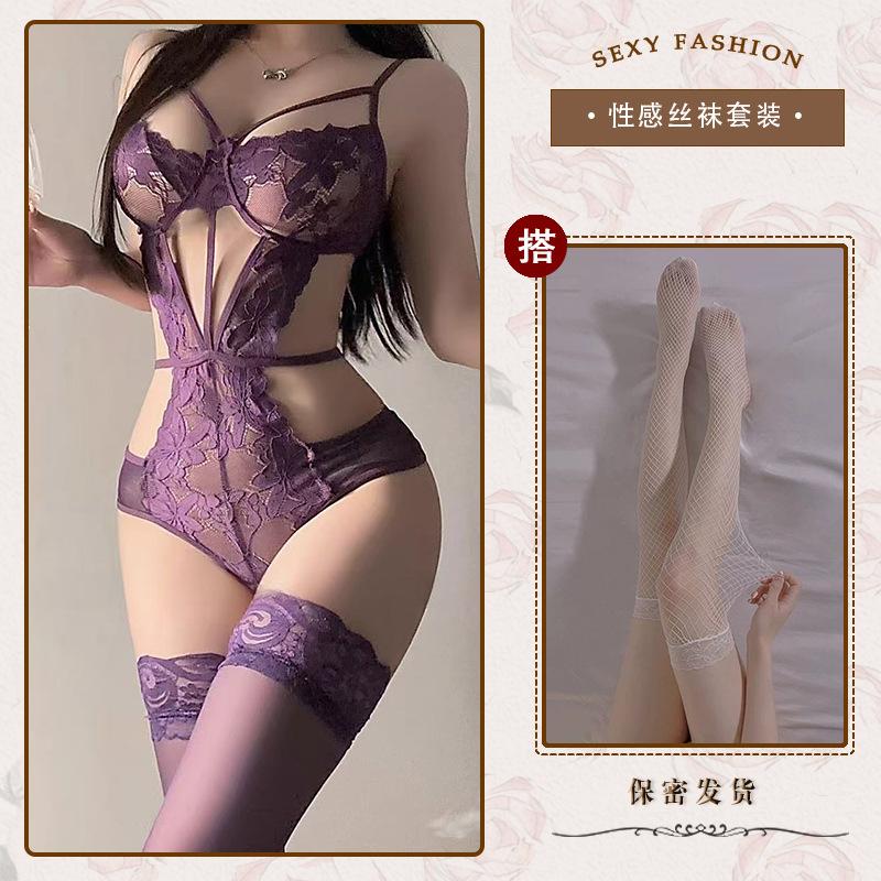 Hollow and thin sexy underwear sexy onesie temptation strap perspective lace free purple n