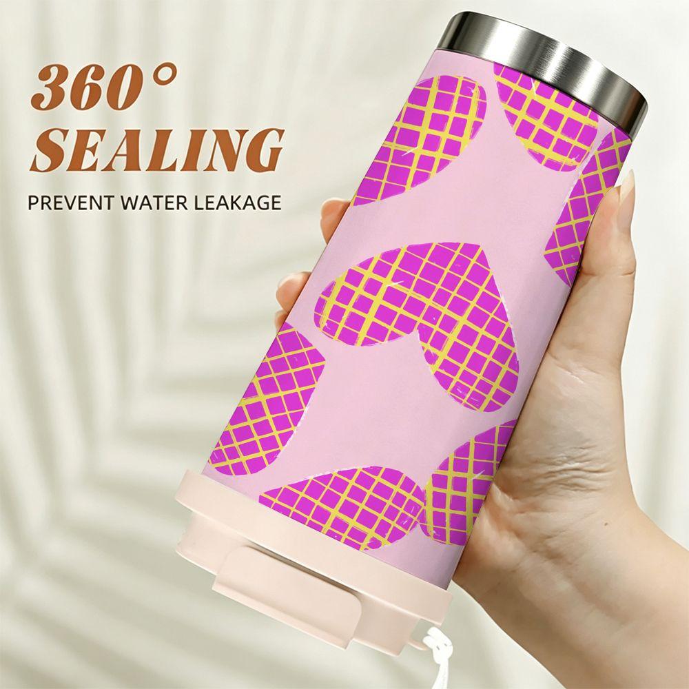 Pink Grid Heart Pattern Stainless Steel Insulated Coffee Tumbler Vacuum Travel Mug Reusable Cup for School Office Commute Gifts