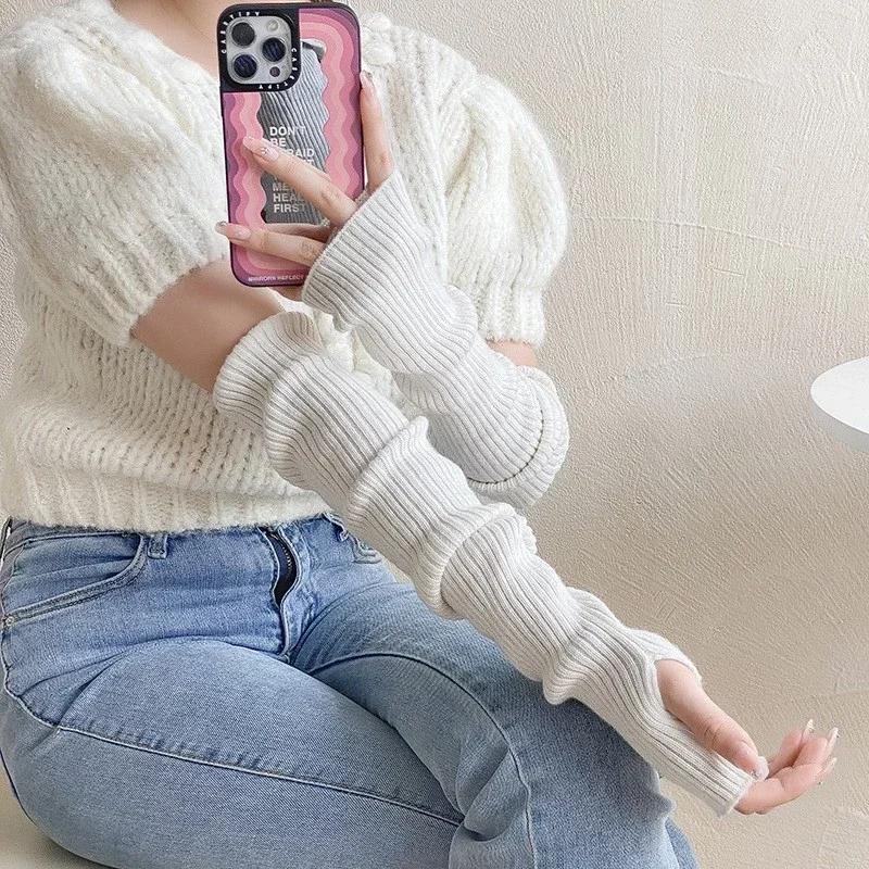 Women Knitted Arm Warmer Long Fingerless Gloves Mitten Winter Solid Arm Sleeve Fashion Casual Soft Girls Clothes Punk Gloves