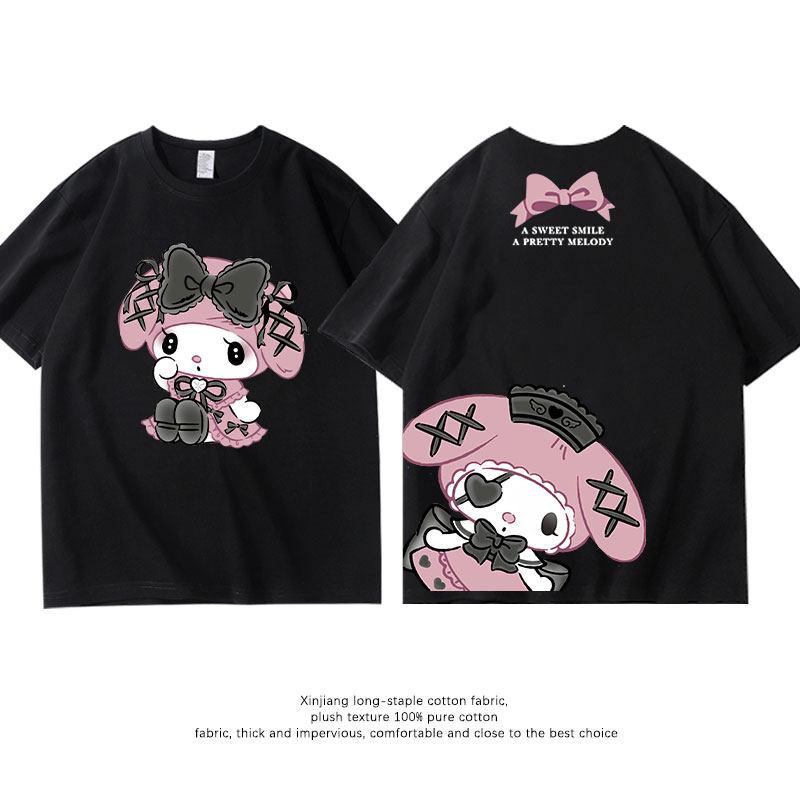 Black Melody Pure Cotton Childrens Tshirt Summer Fashion Double Sided Cartoon Printed Parent Child Round Neck Tshirt