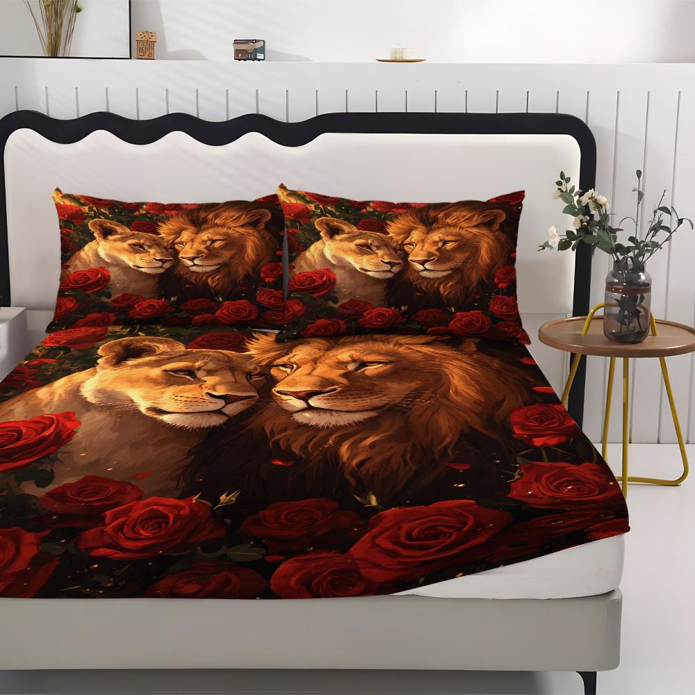 Romantic Lion & Rose Fitted Sheet Set 3pcs Red Rose Mattress Protector (1* Sheet + 2* Pillowcases Coreless) Soft Comfort Sheet