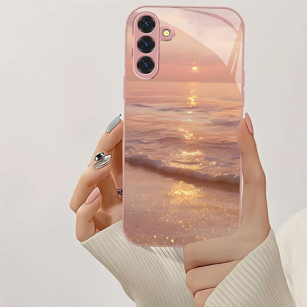 Стеклянный чехол для телефона с дизайном розового пляжа, подходит для Samsung Galaxy S26 S25 S24 S23 S22 S20 FE/Ultra/Plus, ударопрочная задняя крышка