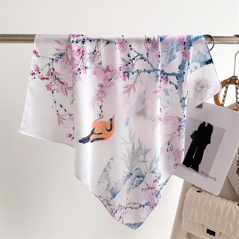 Flowers Birds Print Shawl Square Scarf for Women Satin Fashion Wraps Neckerchief Female Hair Bands Ribbon Headband Bandana