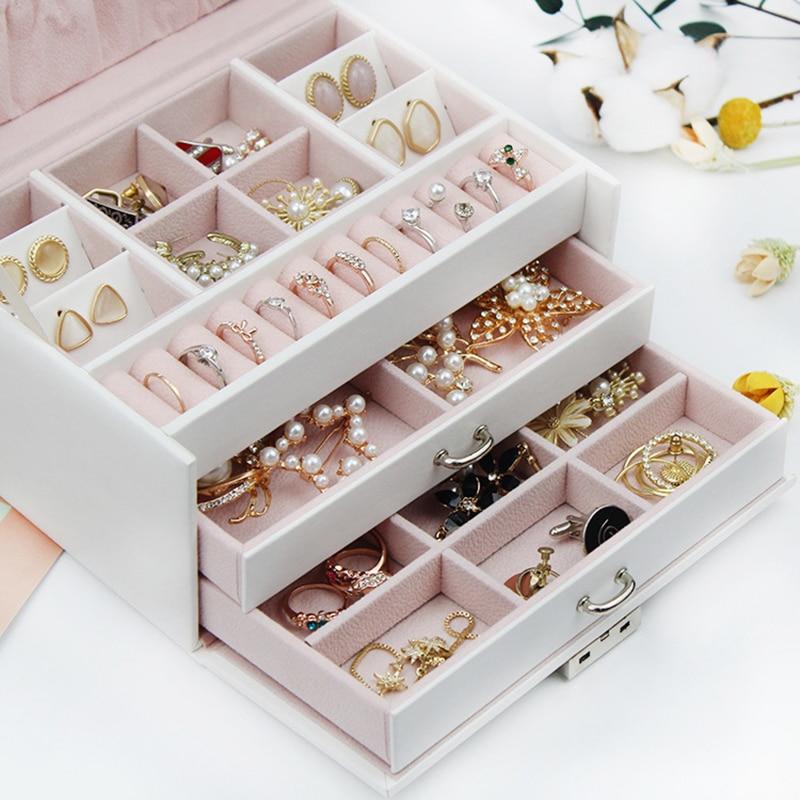 3 Layers PU Jewelry Box Organizer Large Ring Necklace Necklace Holder Cosmetic Leather Jewelry Case with Lock for Women | Storage Boxes and Containers
