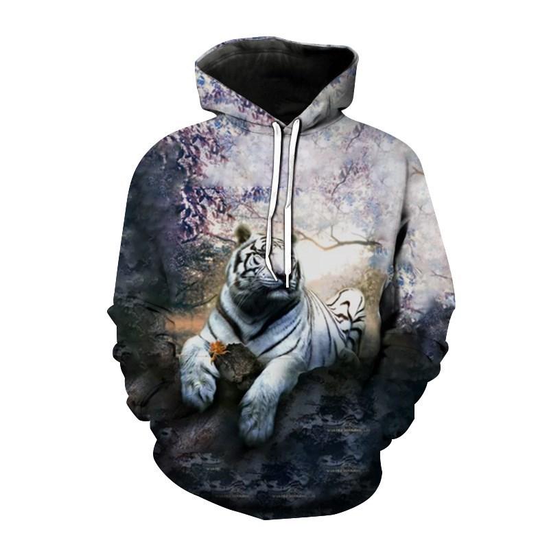 Plum Blossom Tiger Art Fleece Hoodie, Thick Warm Pullover for Men, Autumn Winter Wildcat Print Sweatshirt for Leisure Urban Strolls