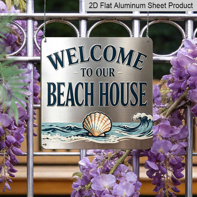 2D Flat, 1pc Vintage Coastal Metal Aluminum Plaque - Welcome To Our Beach House with Turquoise & Golden Nautical Design, Seashell & Wave Patterns