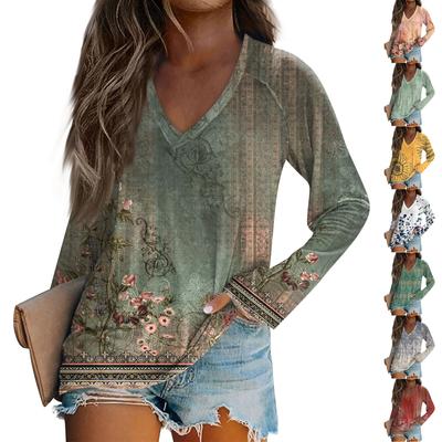Женская модная свободная футболка с V-образным вырезом и длинным рукавом с винтажным цветочным принтом, повседневный топ