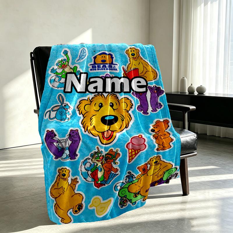 Custom Name Personalized Bear in the Big Blue House Print Blanket, Home Decor, Bedroom, Sofa, Camping, Couch, Gifts for Birthday Christmas
