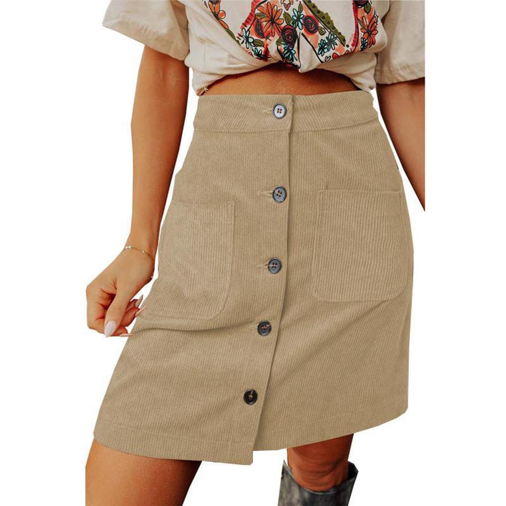 Women's Fashion Solid Color High Waist Corduroy Skirt Button Design Short Skirt