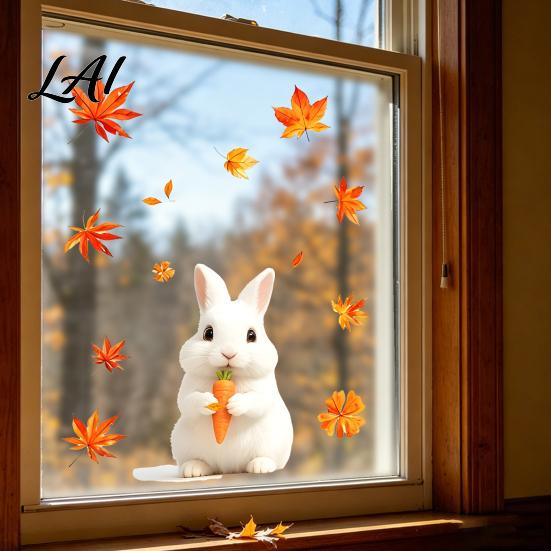 Indoor Outdoor Window Decorations 2Pcs Fall Cartoon Static Clings Cute Bunny & Mouse Stickers No‑Glue Easy Peel Stick Glass Stickers PVC
