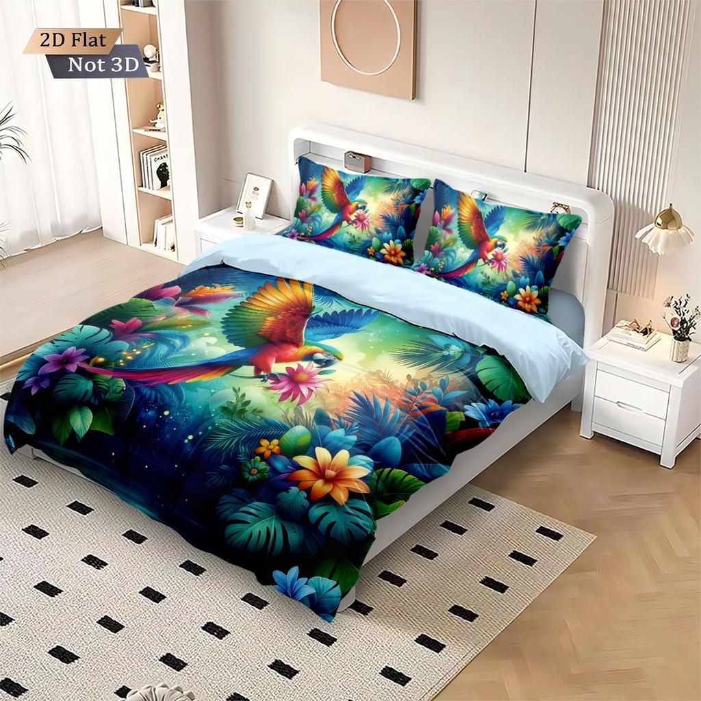 3 предмета Комплект постельного белья без чипов с принтом животных Попугай тропического леса Несколько размеров Декор постельного белья Мягкий и удобный Спальни