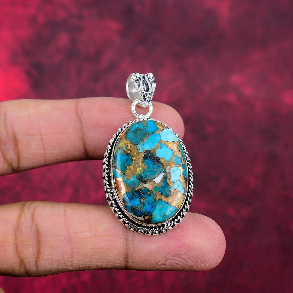 Голубой медный бирюзовый кулон ручной работы с драгоценными камнями, 925 пробы серебряный кулон, старинные ювелирные изделия, для подарка на помолвку