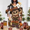 Women Plus Size V Neck Long Sleeve White Printed Straight Dress Cute Witch Raccoon Pumpkin Pattern