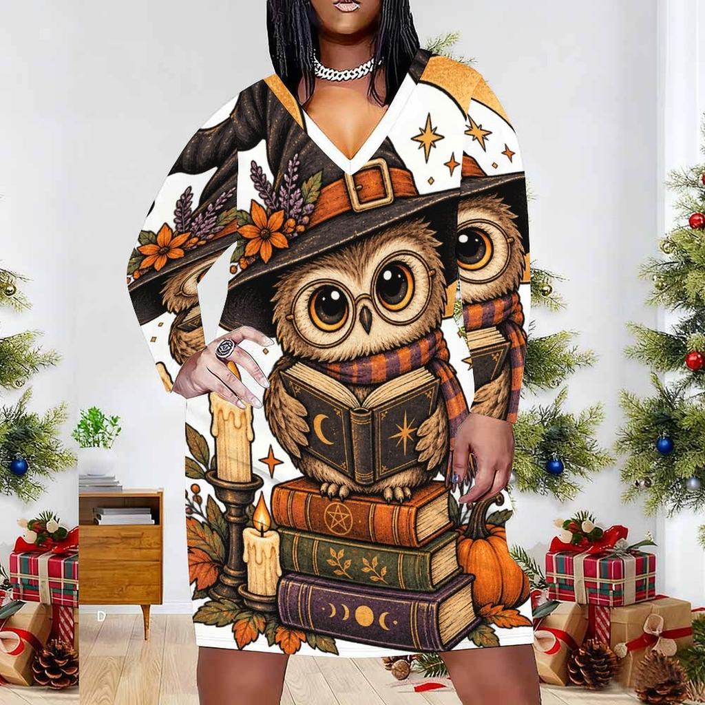 Women Plus Size V Neck Long Sleeve White Printed Straight Dress Cute Witch Raccoon Pumpkin Pattern