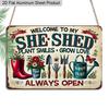 2D Flat 1pc 12"x8" Retro She Shed Aluminium Wall Art with "WELCOME TO MY SHE SHED" Quote - Vintage Garden Decor, Floral Gardening Tools Design