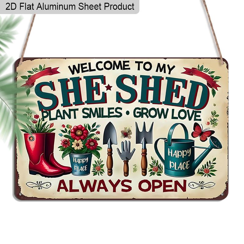 2D Flat 1pc 12"x8" Retro She Shed Aluminium Wall Art with "WELCOME TO MY SHE SHED" Quote - Vintage Garden Decor, Floral Gardening Tools Design