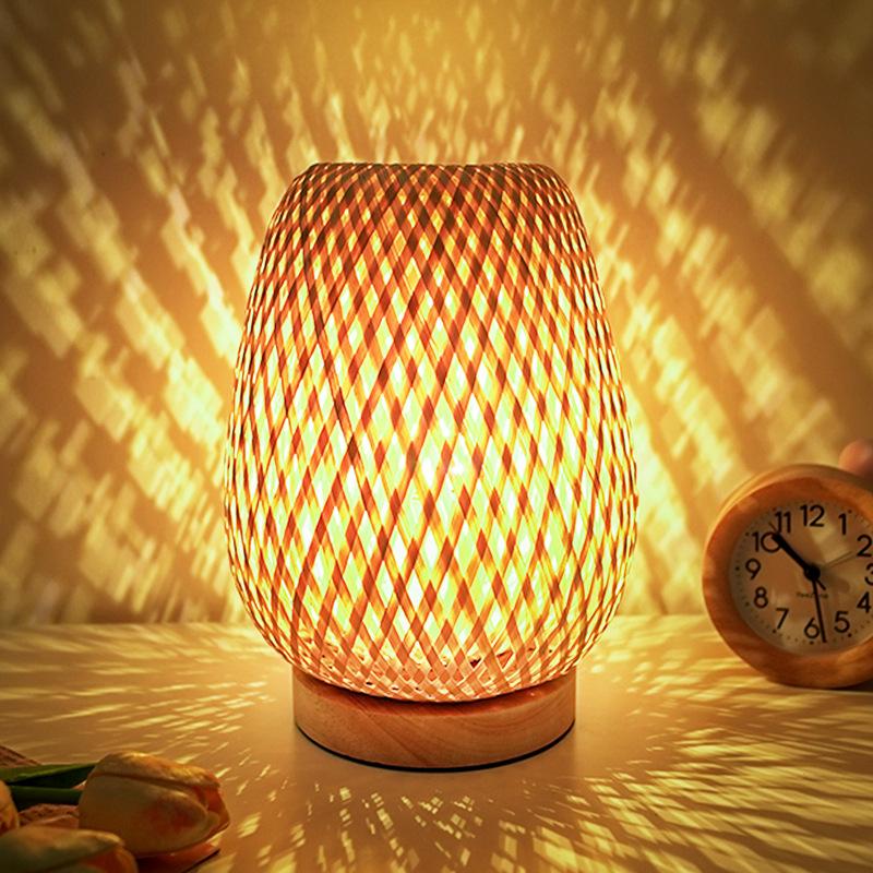 Small Rattan Table Lamp Dimmable Beside Lamp Vintage Wicker Wooden Night Stand Lamp for Bedroom Living Housing Home Room