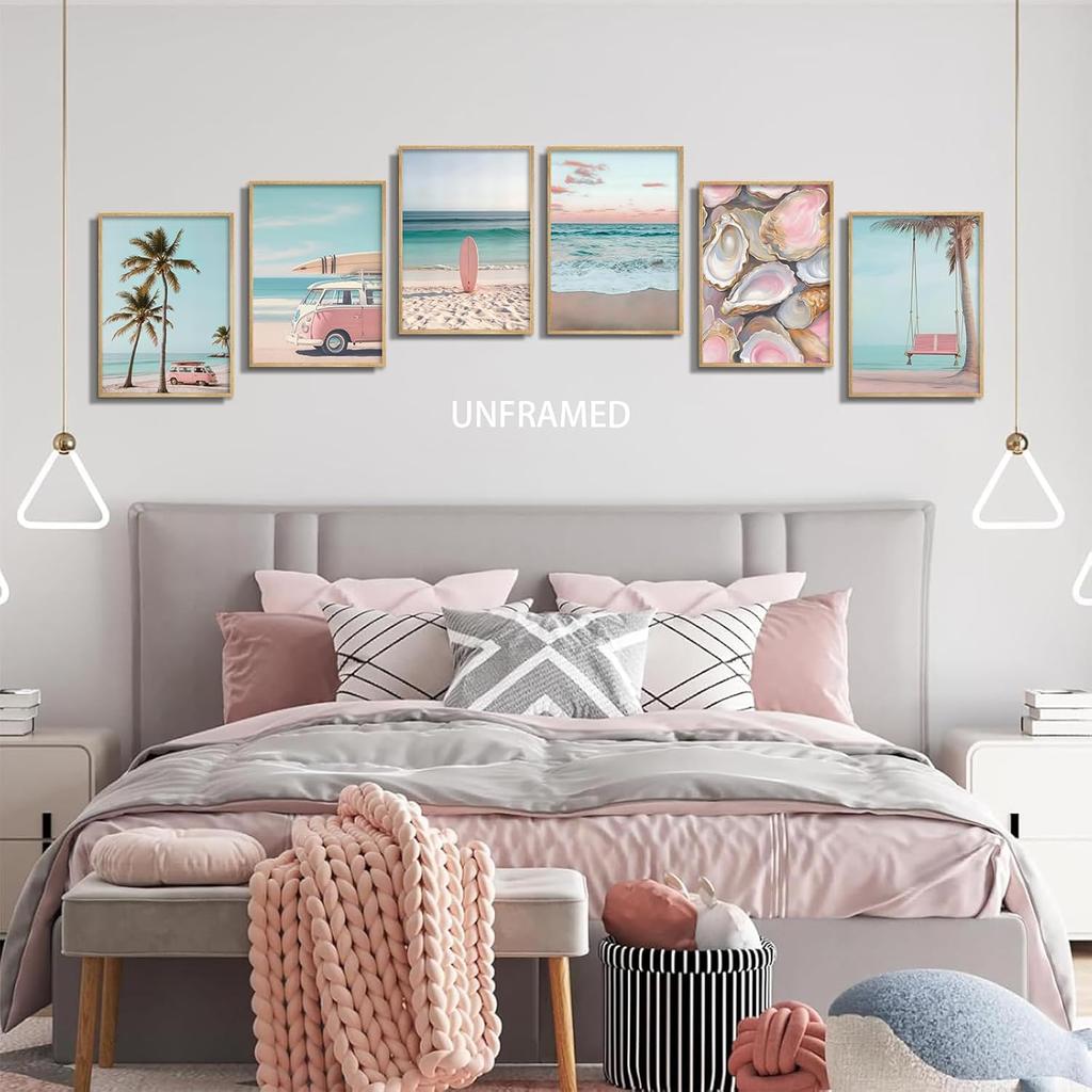 6Pcs Pink Coastal Beachy Wall Art Coastal Granddaughter Ocean Preppy Room Wall Decor Beach Aesthetic Paintings Pictures Posters Prints Artwork for