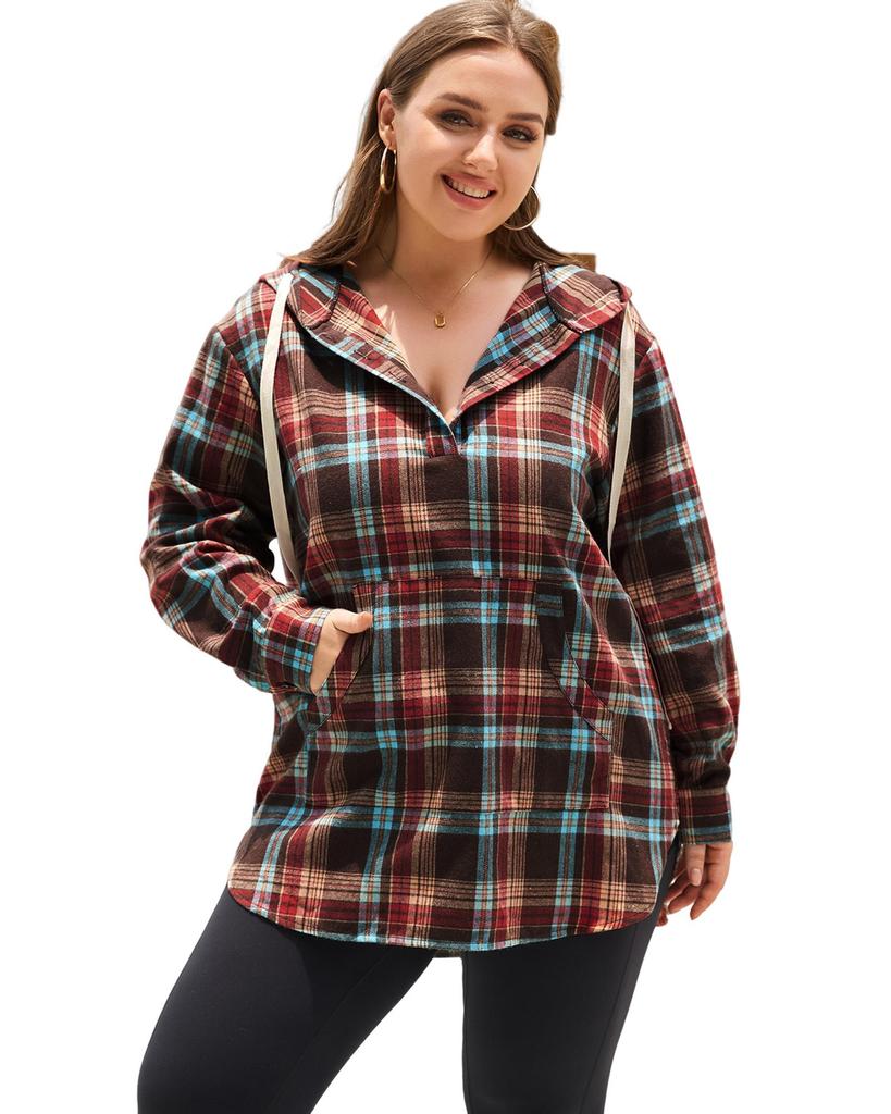 Azura Exchange Red Plus Size Plaid Kangaroo Pocket Drawstring Hoodie