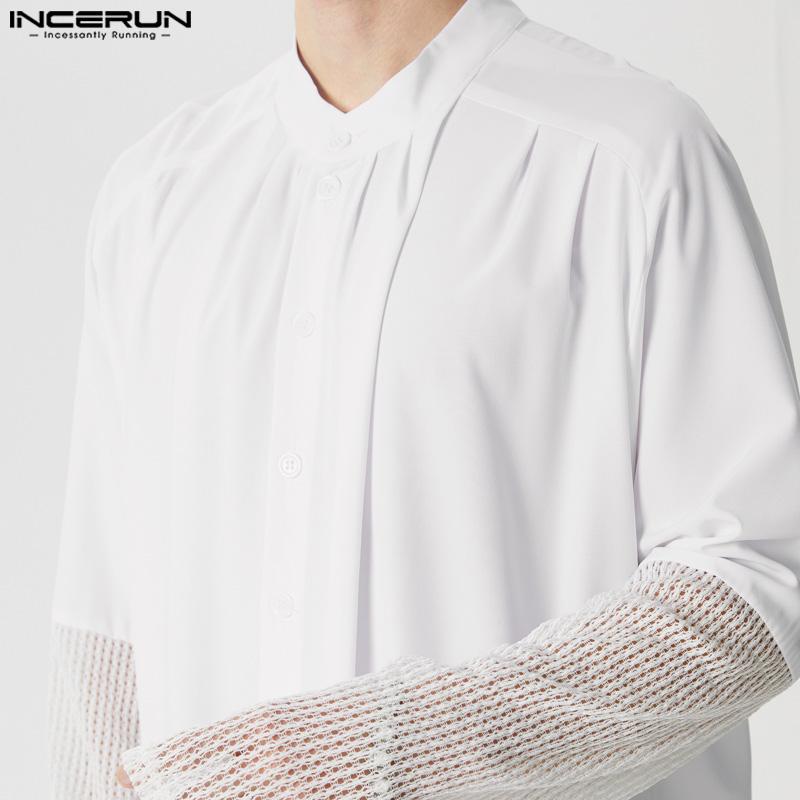 INCERUN Мужские рубашки с длинным рукавом и пуговицами, длинные, с разрезами, лоскутные туники, топы
