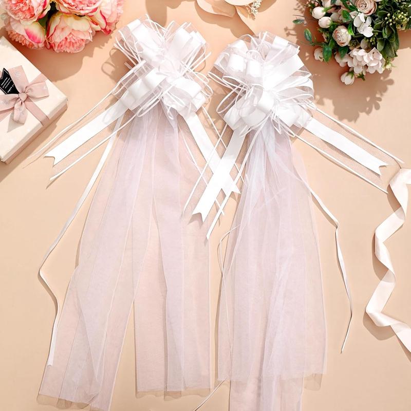 8Pcs/set White Pew Bows with Long Tulle Tails for Wedding Chair Aisle Decorations Bridal Shower Anniversary Birthday Party Decor