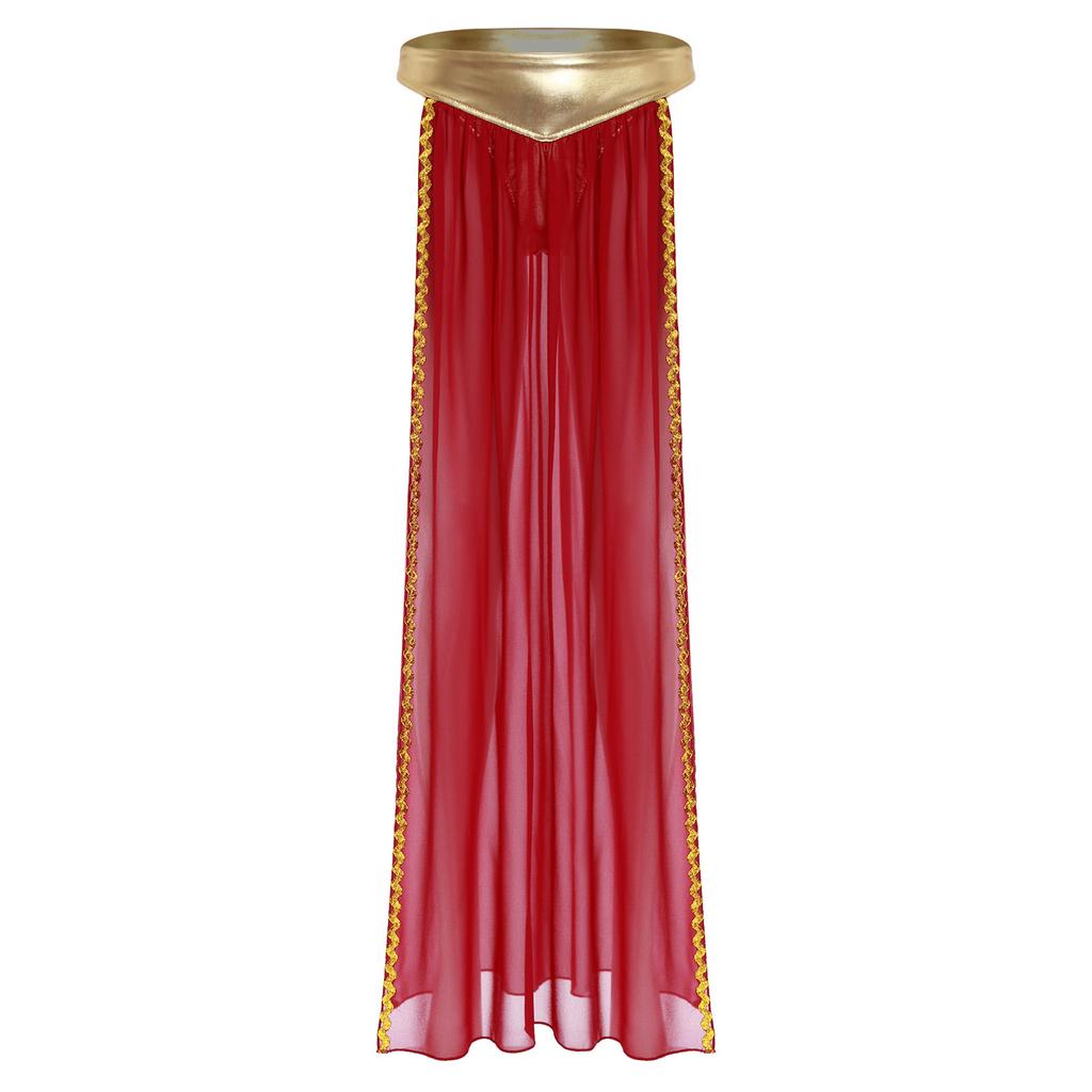 Womens Ancient Queen Costume Briefs Chiffon Skirt Metallic Shiny Side Slit Gold Trims Halloween Outfit