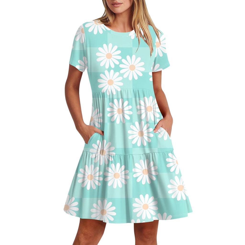 Женское повседневное модное платье-миди с круглым вырезом и коротким рукавом с принтом и карманом
