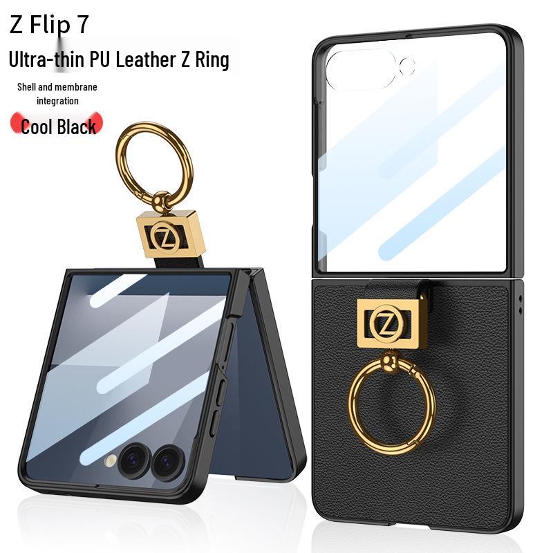 Samsung Z Flip7 Ультратонкий Премиальный Кожаный Чехол-Кольцо - Элегантный, Однотонный Защитный Чехол