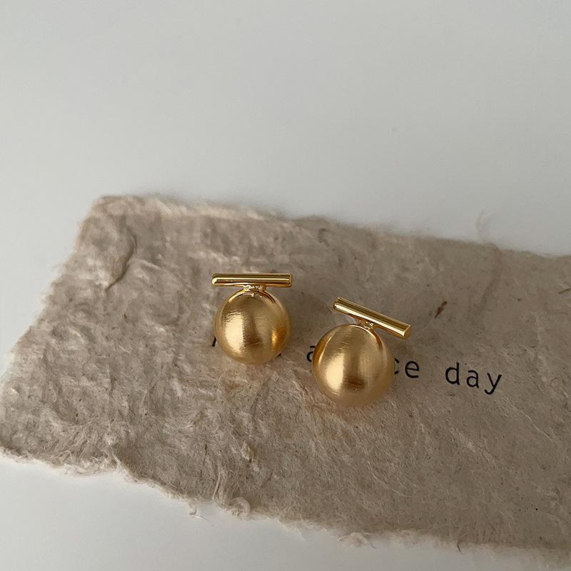 One-Word Brushed Round Metal Ball Stud Earrings Female Niche Simple Personality Fashion Temperament Elegant Versatile Earrings Earrings