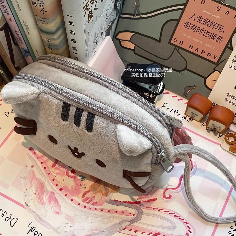 Cute Fat Cat Plush Double Layer Makeup Bag Cartoon Portable Wrist Pouch Kids Gift Pencil Case